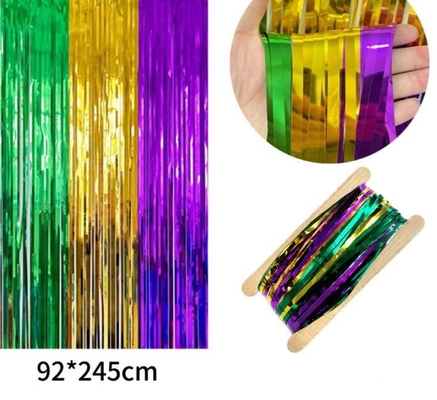 Bức tường nền bữa tiệc, bữa tiệc sinh nhật màu tím, vàng và xanh lá cây ba màu khâu rèm mưa